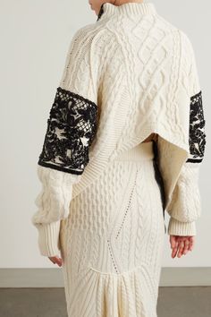 ERDEM Lace-trimmed embellished cable-knit wool-blend sweater | NET-A-PORTER Knitwear Details, Knitwear Trends, Knitting Fashion, Patchwork Sweater, Cable Pattern, Embellished Sweaters, Sweater Trends, Knitwear Fashion, Junya Watanabe