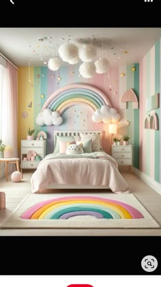 an image of a bedroom decorated in pastel colors and rainbows on the walls