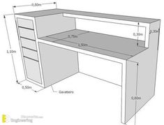 an image of a desk with measurements for the top and bottom section, including drawers