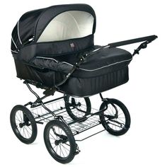 a baby stroller is shown with the seat folded back and wheels down, on a white background