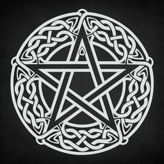 a white pentagramil in a circle with celtic knots around it on a black background