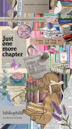 a collage of books, flowers and other items with the words just one more charter