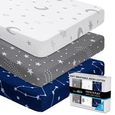 three different types of mattresses are shown in this image, including one with stars and crescents on it