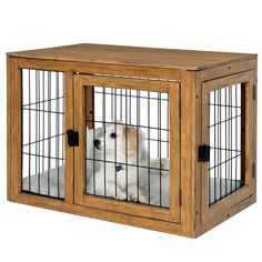 a white dog in a wooden cage on a white background