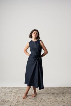 Eda Linen Midi Wrap Dress Navy - LUXMII White Wrap Dress, Midi Wrap Dress, Fall Winter Wardrobe, Natural Fibres, Navy Midi Dress, Linen Style, Fine Linen, Luxury Linen, A Button