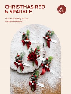 christmas red and sparkle brochure with flowers in the snow on it's side