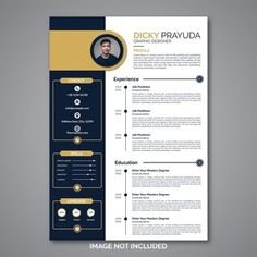 a professional resume template with a yellow and black color scheme on the front, dark blue background