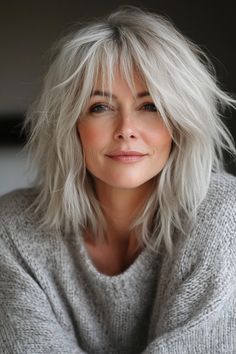 18. Edgy Shag with Ice Blonde Tips (Shaggy Hairstyles For Older Women) - Shaggy Hairstyles For Older Women Edgy Blonde Hair, 70 Hair, Selfie Challenge, Hair Movement, Shaggy Hairstyles, Blonde Layered Hair, Older Women's Hairstyles, Short White Hair, Hairstyles For Older Women