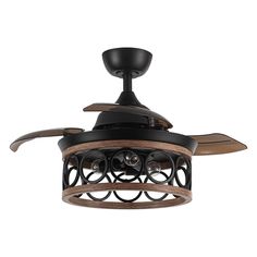 a black ceiling fan with wooden blades on the blades and two lights in front of it