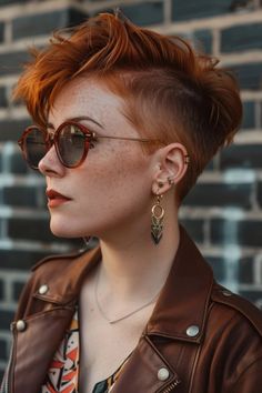 Woman with stylish short hair and sunglasses against a brick wall background. Bold Pixie Haircut, Pixie Mohawk Shaved Sides, Pixie Color Ideas, Shaved Side Pixie, 80s Pixie Cut, Short Hair Pixie Undercut, 2024 Pixie Cut, Short Colorful Hair