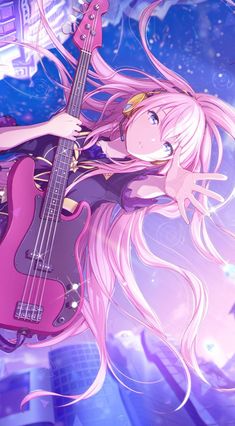 a girl with pink hair holding a guitar