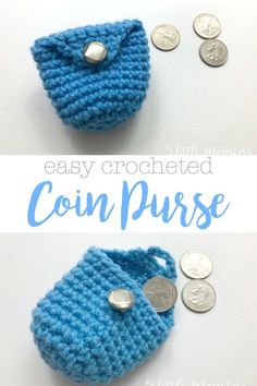 a crocheted coin purse is shown with coins around it