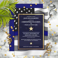 an american flag and gold confetti on a marble background with the words congratulations