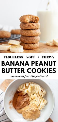 banana peanut butter cookies stacked on top of each other with the words, flourless soft and chewy