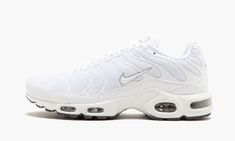 The Nike Air Max Plus “Triple White” places an emphasis on the retro runner’s versatility as a lifestyle option in a highly wearable colorway.  The Nike Air Max Plus received an unquestioned boost in popularity when Supreme tapped the shoe for its Fall/Winter 2020 collaboration in three exciting colorways.  In the late ‘90s and early 2000s, the Air Max Plus was a staple in UK Grime culture, as well.  Today, the Air Max Plus is beloved by everyone and an essential part of Nike’s annual footwear r Nike Air Max 2, Nike Air Max 98, Sneakers Box, Kobe Shoes, Nike Tn, Air Max 98, Basic Hoodie, Nike Air Max For Women, Stadium Goods