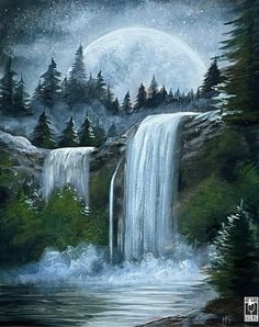 a painting of a waterfall with trees and the moon in the sky above it,