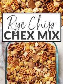 a bowl filled with chex mix next to a sign that says rye chip chex mix