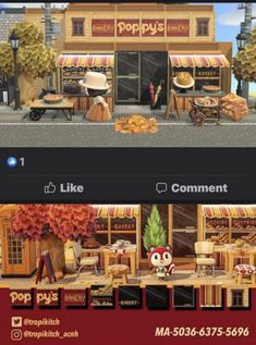 two screens showing the same storefront with different items in front of it and an image of