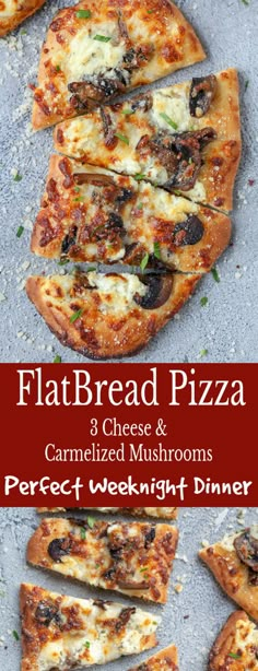 flatbread pizza with cheese and caramelized mushrooms perfect weeknight dinner - click to see the recipe