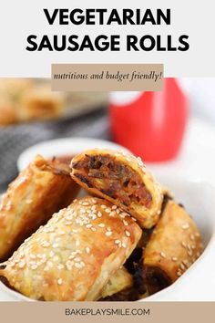 vegetarian sausage rolls in a white bowl with sesame seeds on top and text overlay