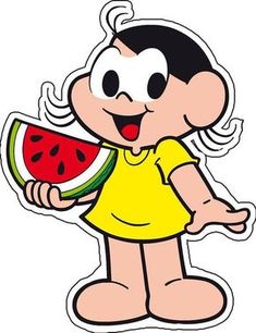 a cartoon girl holding a piece of watermelon in her hand and wearing a yellow shirt