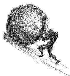 a drawing of a man pushing a large ball