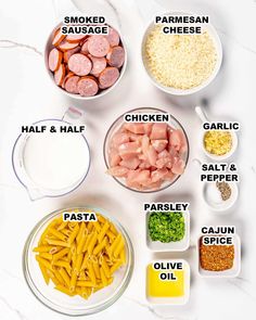 the ingredients to make this recipe include pasta, sausage, parmesan cheese and garlic