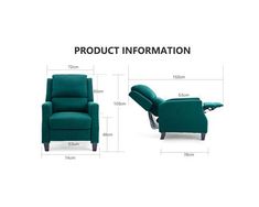 the product information page for this reclining chair is shown in blue and features measurements