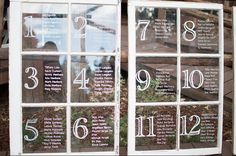 an old window is decorated with white numbers and date options for the wedding day,