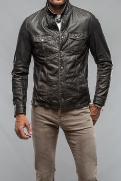 Enna 12 Month Washed Shirt Jacket In Charcoal - AXEL'S Winter Leather Jacket For Layering, Winter Leather Jacket For Casual Wear, Rugged Leather Jacket With Long Sleeves For Spring, Long Sleeve Leather Jacket For Layering, Leather Biker Outerwear With Buttons, Fitted Leather Outerwear For Layering, Rugged Long Sleeve Outerwear With Padded Collar, Long Sleeve Biker Leather Jacket With Flap Pockets, Casual Leather Jacket For Winter Layering