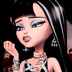 an animated image of a woman with long black hair and blue eyes, wearing jewelry