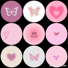 six pink and white circles with hearts, butterflies and numbers on the inside one circle