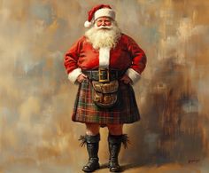 a painting of a man in a kilt wearing a santa claus suit and hat