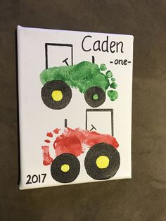 a handprinted tractor with the name caden on it is displayed in front of a brown background