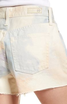 A cloudy design in pastel hues brings dreamy vibes to these high-waist nonstetch shorts punctuated with raw hems. 3 1/2" inseam, 13" leg opening, 11 1/2" front rise, 15" back rise (size 29) 100% cotton Machine wash, tumble dry Imported Spring Acid Wash High-waisted Shorts, Spring Bleached Cutoff Bottoms, Bleached Cutoff Shorts For Spring, Spring Bleached Jean Shorts, Spring Tie Dye Bleached Bottoms, High Rise Acid Wash Shorts For Spring, Faded High-waisted Shorts For Spring, Spring Faded High-waisted Shorts, Cotton Bleached Short Length Bottoms