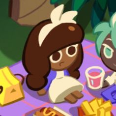 two cartoon characters sitting at a table with food and drinks in front of their faces