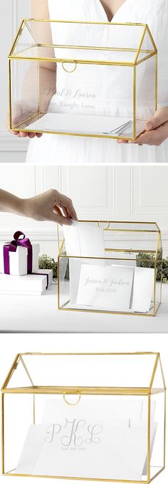 a gold and white wedding card box with two cards in it, one is open and the other has a purple ribbon