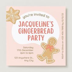 the gingerbread party is going on in this pink and gold themed birthday party card