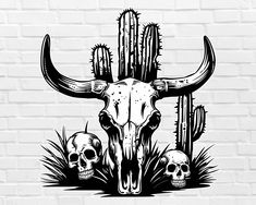 two skulls are sitting in front of a brick wall with cactus and longhorns