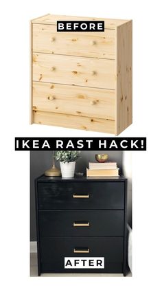 before and after photos of ikea rassthack dresser with text overlay