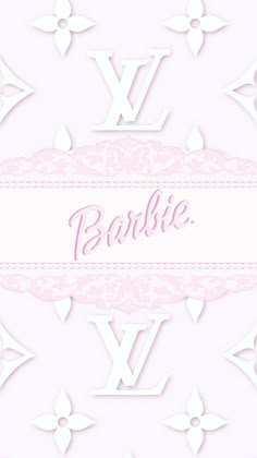 the word barbie is written in pink and white letters on a light pink background with small stars