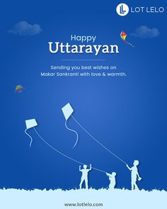 two children flying kites in the sky with caption that reads happy utarayan sending you best wishes on makar sanki with love and warmth