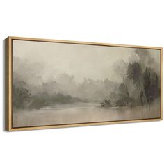 a painting hanging on the wall above a white wall with trees and water in it