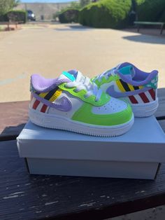 Perfect shoe for any occasion! * US Sizes from 3C-7Y * These are authentic Nike Air Force 1's * Hand painted using high quality Angelus paint and sealer  * Sealed for durability, but keep in mind these are painted so care still needs to be taken. * Made to order, processing time is 2-3 weeks (This is NOT including the time in the mail) * These are not made in a factory and I do not have any workers. These are made by me and only me so I give myself the full 4 weeks in order to avoid missing deadlines. Please order with plenty of time. * Due to the custom nature of these shoes, there are no returns or exchanges. Playful Green Sneakers With Rubber Sole, Hand Painted Purple Sneakers With Round Toe, Multicolor Non-slip Sneakers For Playtime, Playful Green Round Toe Sneakers, Custom High-top Multicolor Sneakers, Custom Multicolor High-top Sneakers, Customizable Green Sneakers With Round Toe, Custom Green Low-top Sneakers, Custom Green Sneakers With Round Toe