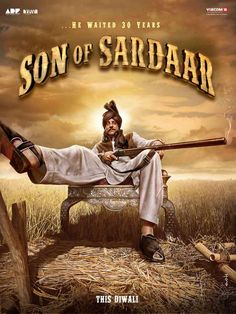 the poster for son of sardar is shown in this image, and it appears to be