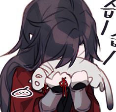 an anime character with long black hair wearing a red and white shirt, holding her hand over her shoulder