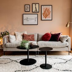 a living room filled with furniture and pictures hanging on the wall above it's windows