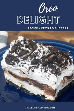 a piece of oreo delight cake on a blue plate with the title overlay