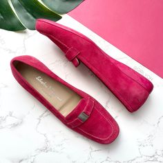 Salvatore Ferragamo Boutique Hot Fuchsia Magenta Pink Suede Loafer Flats. Style Dp58797 G13. Women's Size 7.5 B. Perfect For A Pop Of Color! These Vintage Vtg Salvatore Ferragamo Pink Loafer Flats Feature Leather Suede, Matching Pink Soles, Contrasting White Stitching, And Chrome Buckle Strap Detail On The Vamps. Fits Narrow. Very Well Taken Care Of! Excellent Condition. Thank You For Shopping With Girlyoh! Follow Us: @Girlyoh @Girlyohgoodies Pink Loafers, Ferragamo Shoes, Magenta Pink, Flats Shoes, Suede Loafers, Pink Suede, Fuchsia Pink, The Vamps, Salvatore Ferragamo