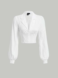 White Elegant Collar Long Sleeve Woven Fabric Plain Shirt Embellished Non-Stretch  Women Tops, Blouses & Tee Shirt Outfits Women Formal, White Formal Top, Crop Shirt Outfits, Women Blouses Fashion Classy, Cropped Shirt Outfit, Formal Shirts Women, Formal Tops For Women, Elegant White Blouse, Formal Blouses